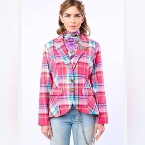 Aratta Dulce Plaid Blazer Pink Plaid, patchwork elbows,  Sz M